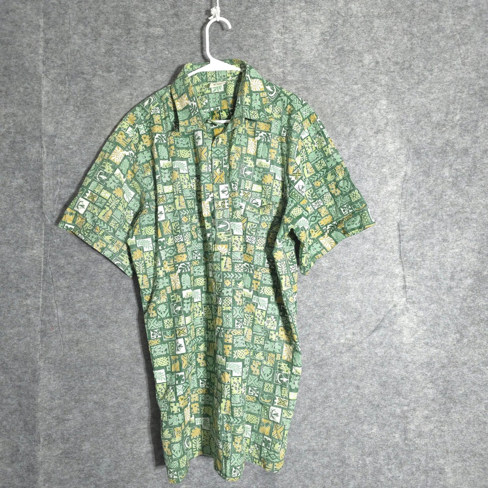 Go Barefoot Hawaiian Shirt Mens XL Tall Green Tapa Block Print Aloha Made in USA
